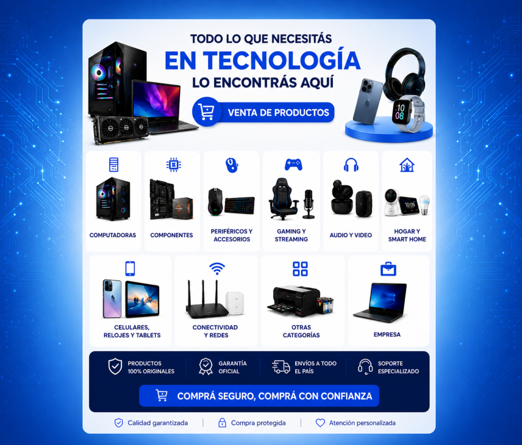 Banner promocional de venta de productos tecnológicos como computadoras, componentes, periféricos, gaming, audio, redes y smart home.