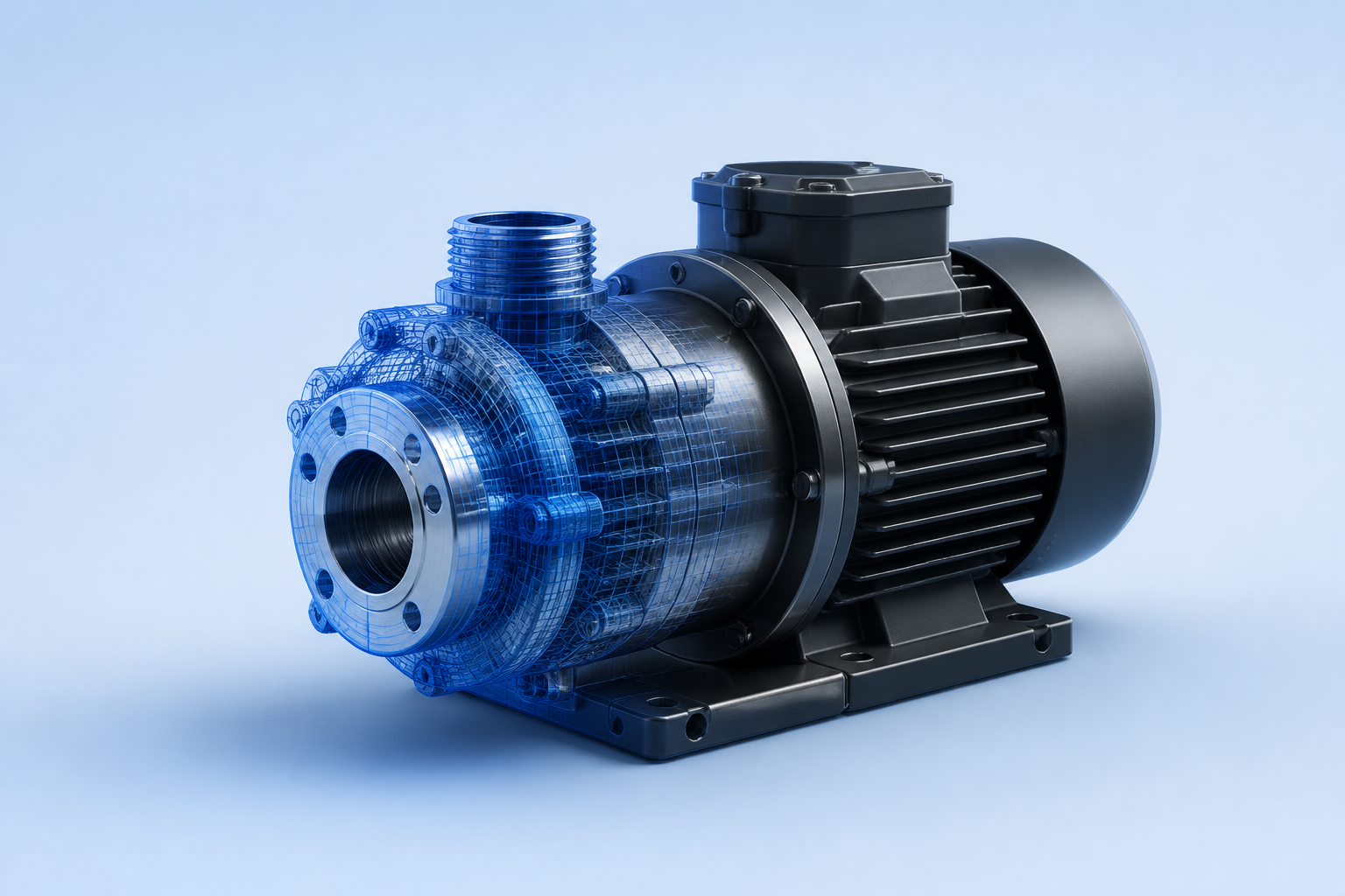 Render técnico 3D de una bomba industrial con malla azul y acabado metálico